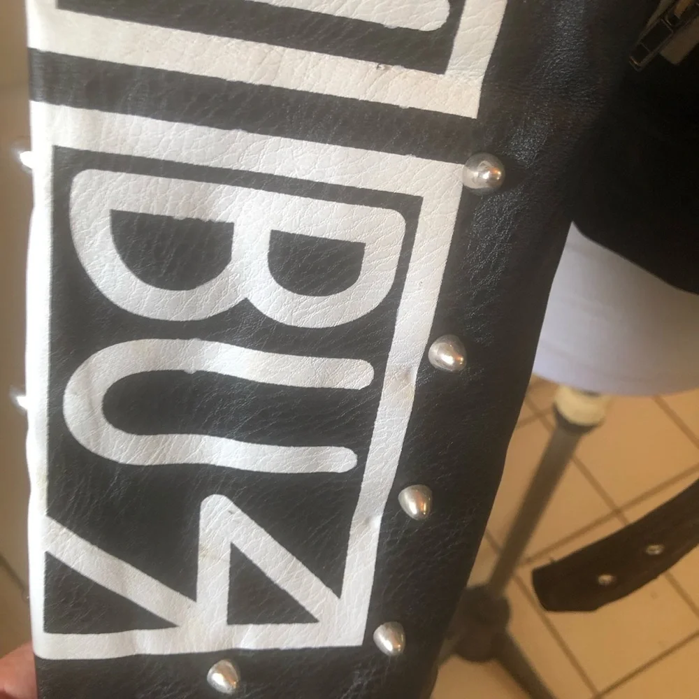 Studded Black Vegan Leather Jacket with White Graphic Patches